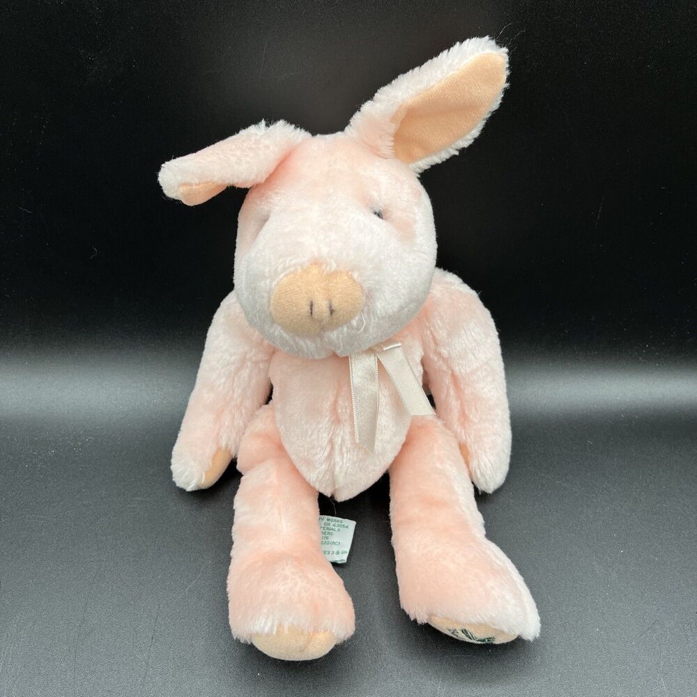 Bath & Body Works Pink Pig Plush Satin Bow Jointed VTG 10" Stuffed Farm Animal